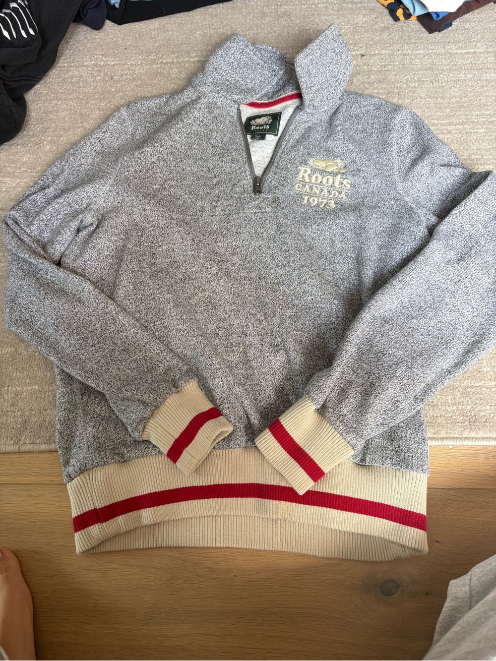 Roots Gray Half-Zip Sweater with Cream & Red Trim